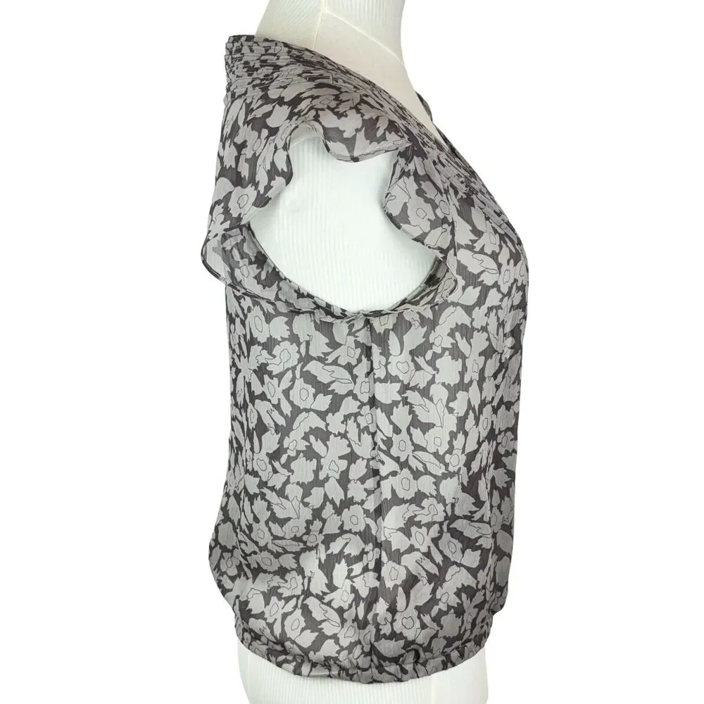 Club Monaco silk‎ chiffon flutter sleeve blouse Gray Brown print sheer Top Sz M - Picture 5 of 13